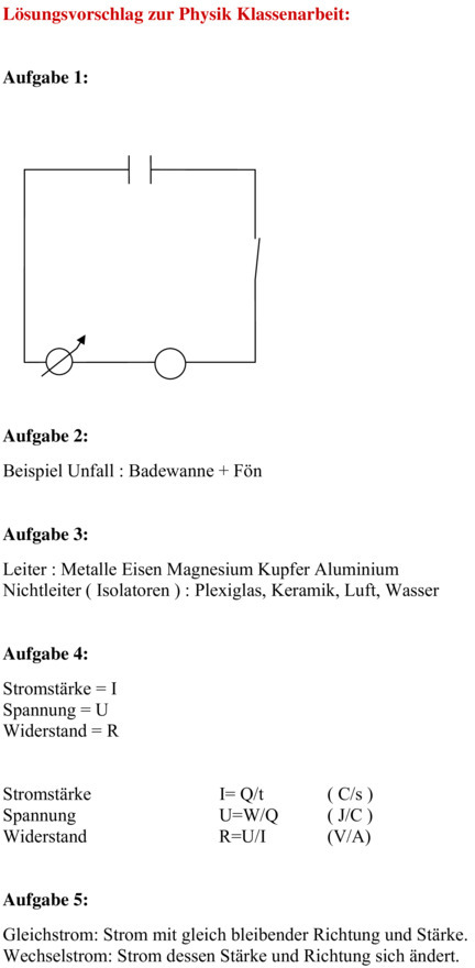 Klassenarbeit zu Elektrizitätslehre 8. Klasse