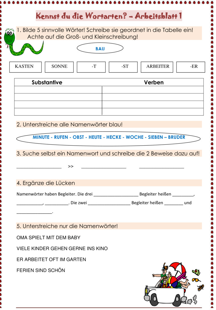 Übungsblatt zu Wortarten