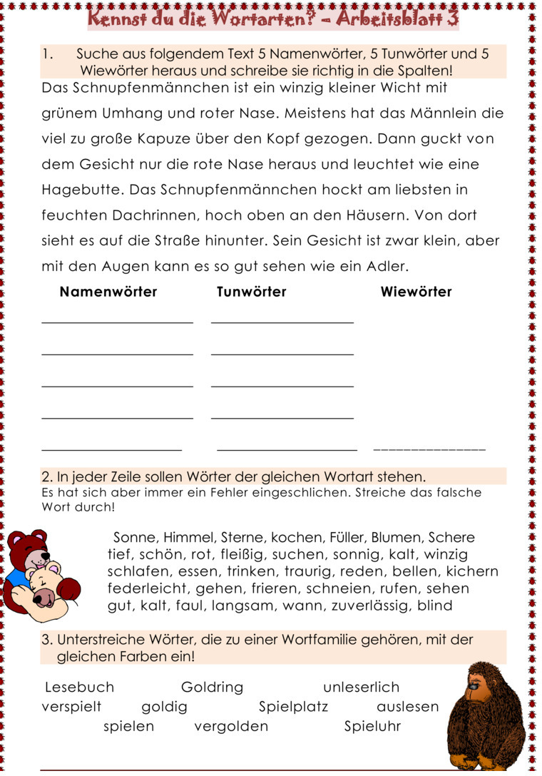 Übungsblatt zu Wortarten