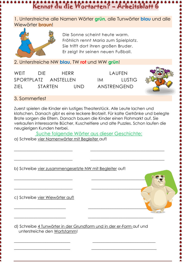 Übungsblatt zu Wortarten