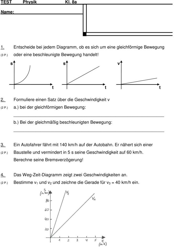Physik Geschwindigkeit Aufgaben Lösungen Pdf Klassenarbeit zu Bewegungen [Physik 8. Klasse]
