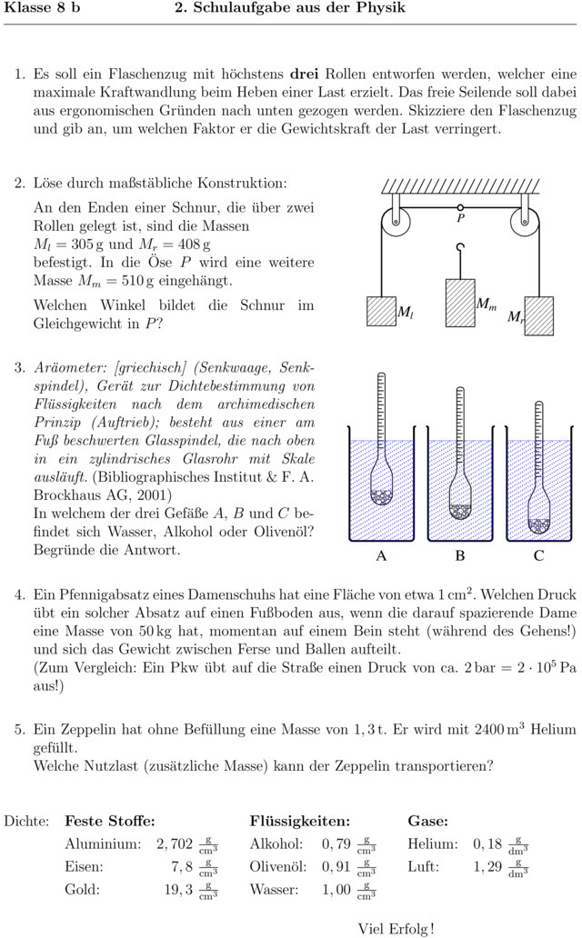 Physik Druck Aufgaben Mit Lösungen Pdf Klassenarbeit zu Verschiedene Themen [Physik 8. Klasse]
