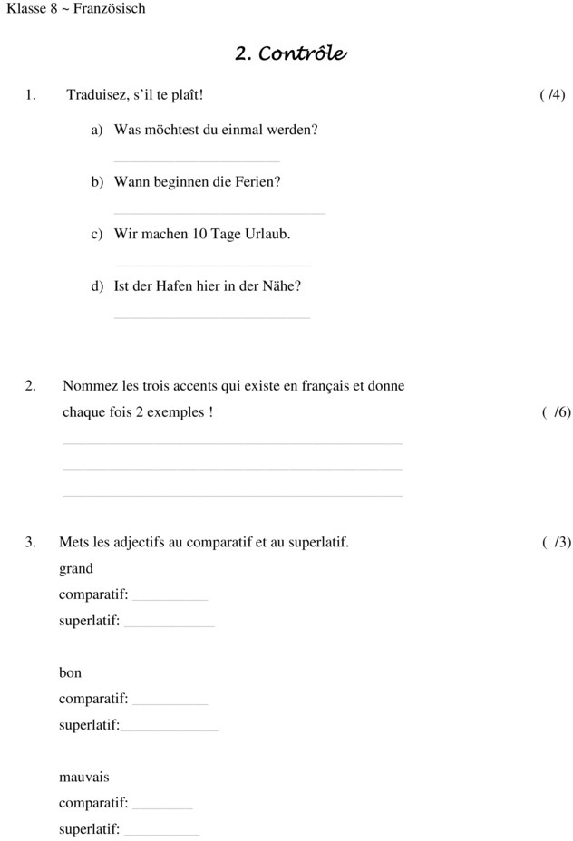 Klassenarbeit zu 2. Klassenarbeit [Französisch 8. Klasse]