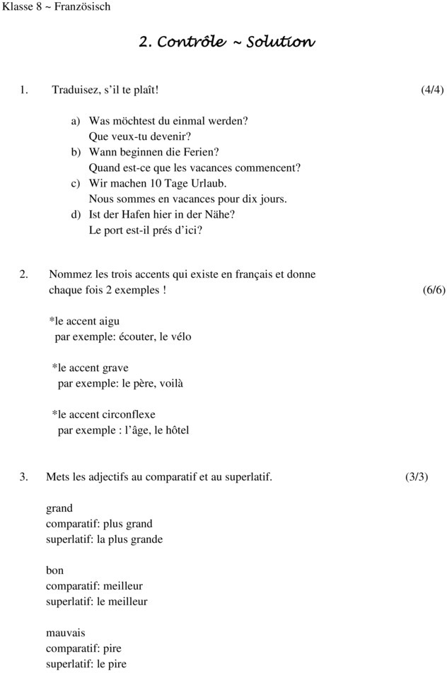 Klassenarbeit zu 2. Klassenarbeit [Französisch 8. Klasse]