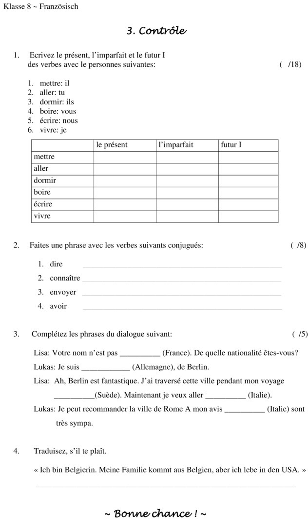 Klassenarbeit zu 3. Klassenarbeit [Französisch 8. Klasse]