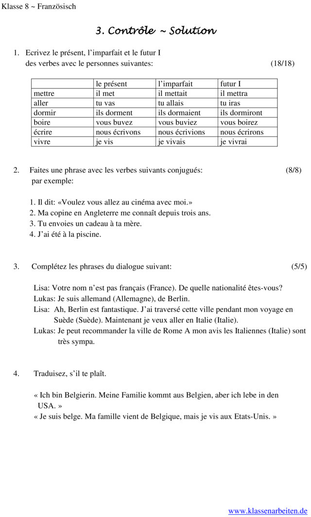 Klassenarbeit zu 3. Klassenarbeit [Französisch 8. Klasse]