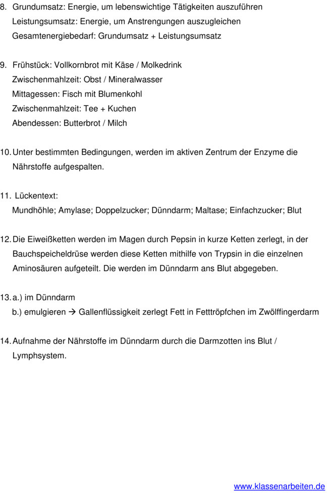 Klassenarbeit zu Nährstoffe und Verdauung