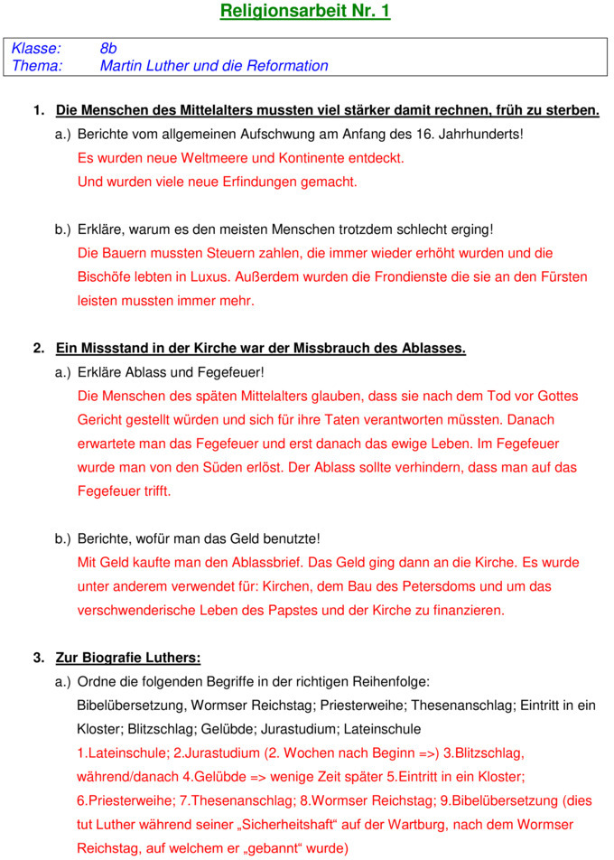 Martin Luther Fragen Und Antworten Klassenarbeiten Klassenarbeit zu Reformation