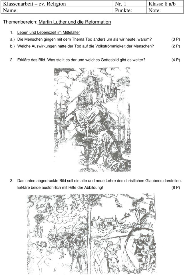 Martin Luther Fragen Und Antworten Klassenarbeiten Klassenarbeit zu Reformation