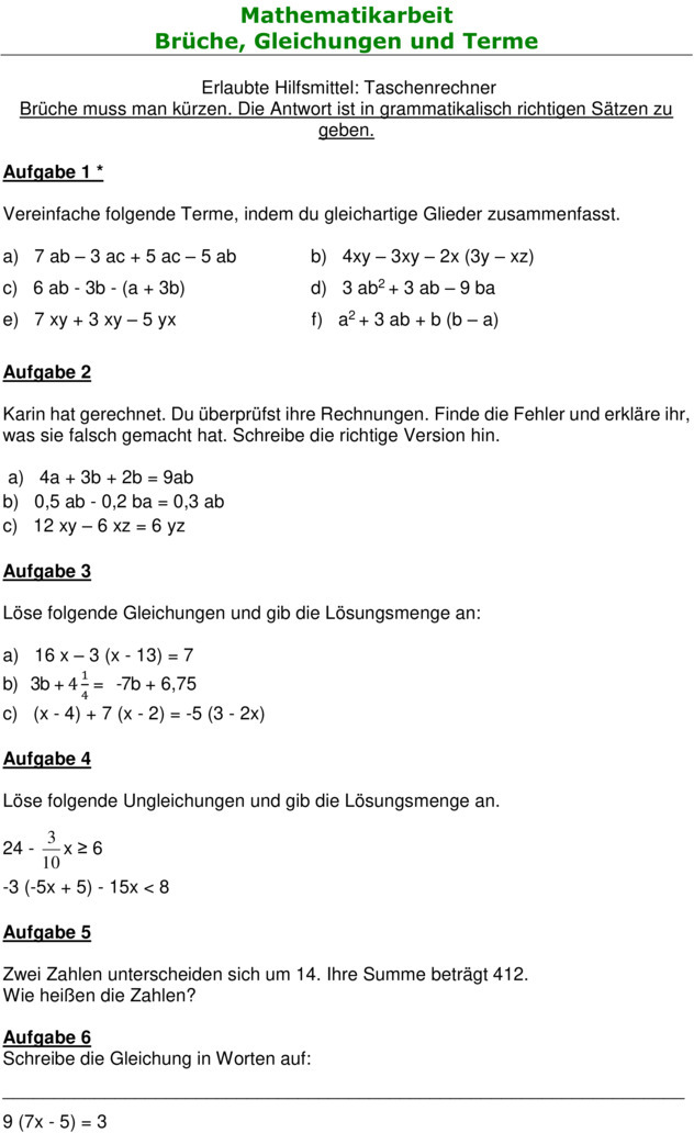 Mathe Terme Klasse 8 übungen Mit Lösungen Klassenarbeit zu Terme und Gleichungen [8. Klasse]