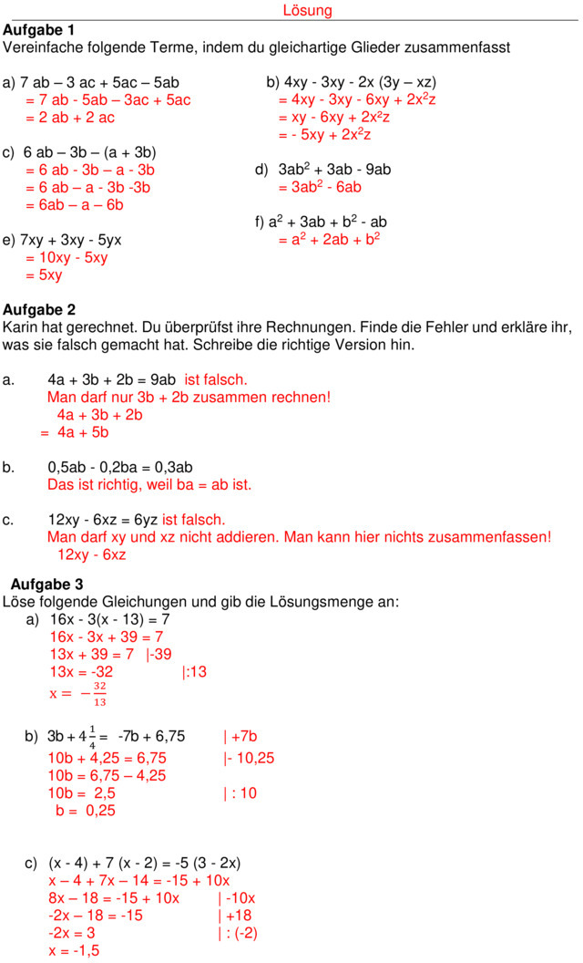 Klassenarbeit zu Terme und Gleichungen [8. Klasse]