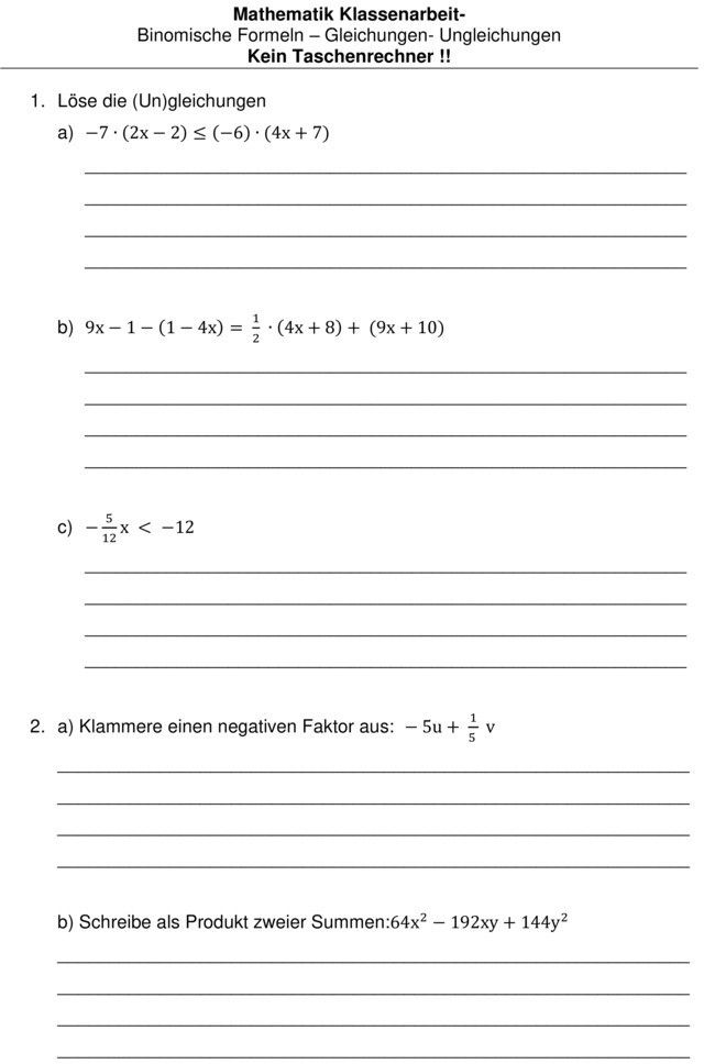 Klassenarbeit zu Binomische Formeln