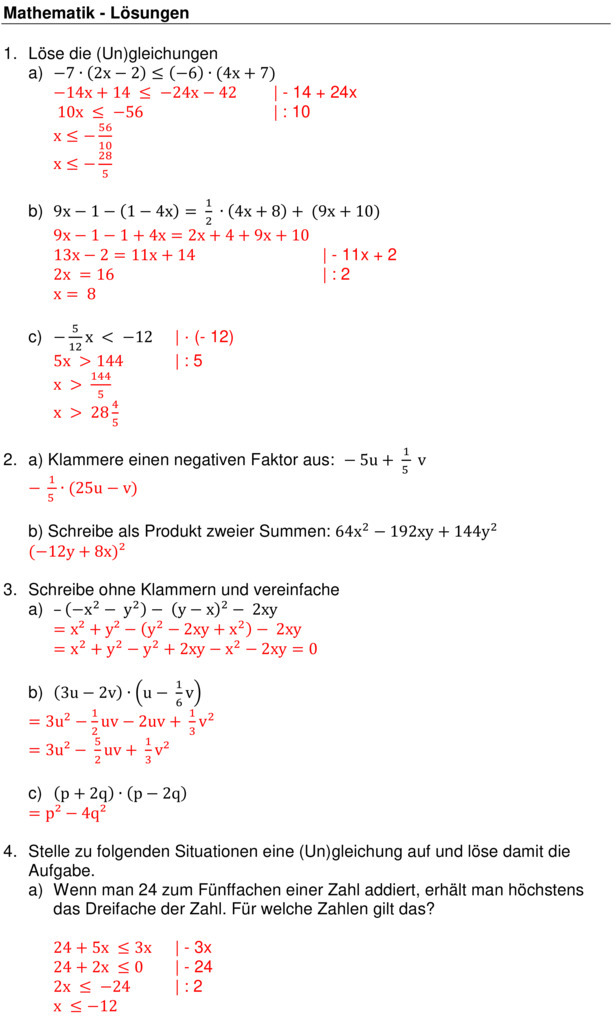 Klassenarbeit zu Binomische Formeln