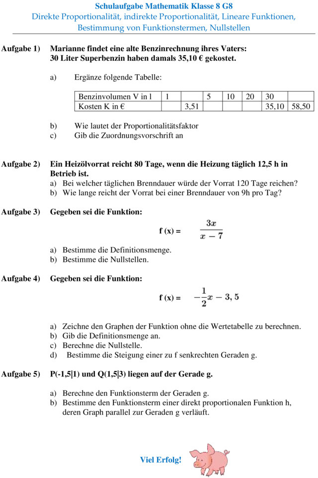 Klassenarbeit zu Lineare Funktionen 8. Klasse