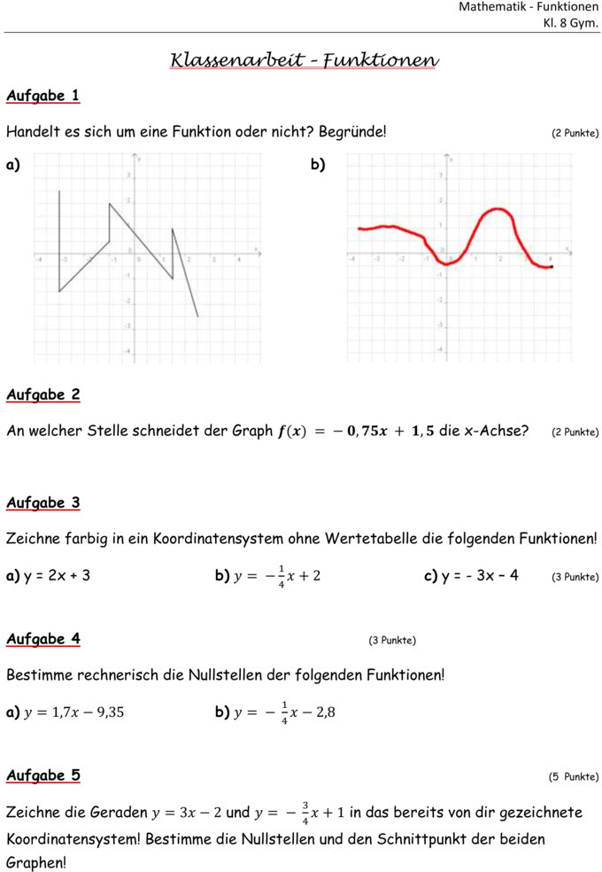 Klassenarbeit Lineare Funktionen Klasse 8 Mit Lösungen Klassenarbeit zu Lineare Funktionen [8. Klasse]
