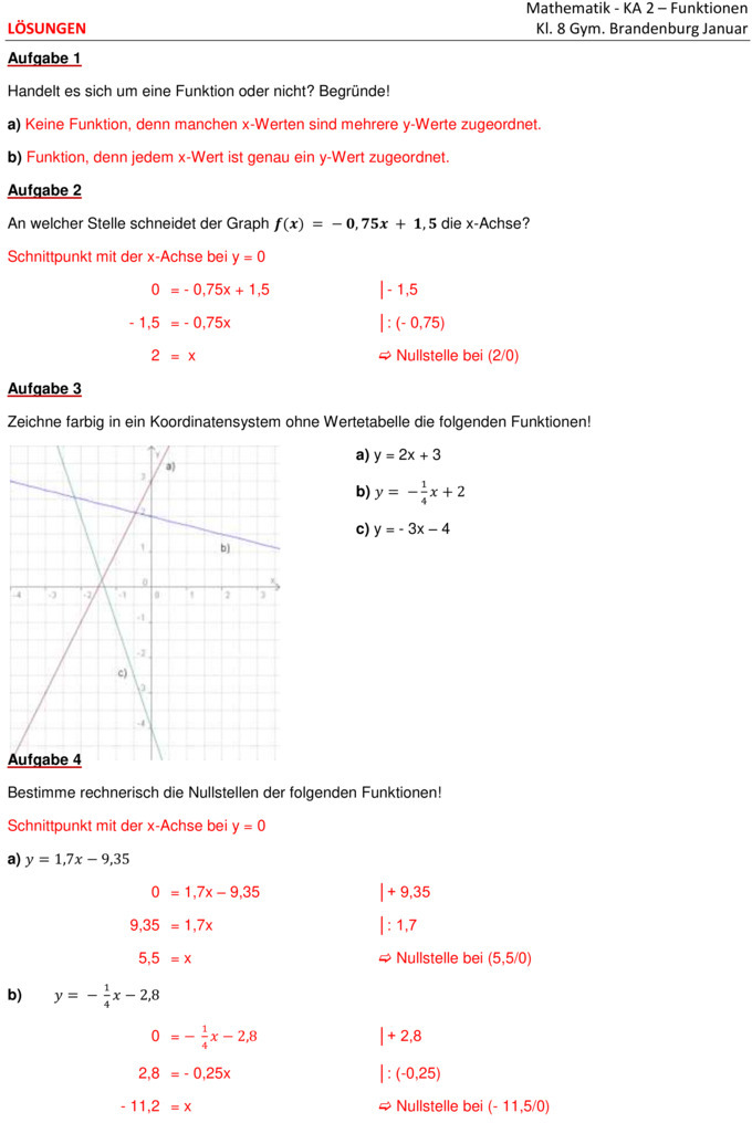 Klassenarbeit zu Lineare Funktionen [8. Klasse]