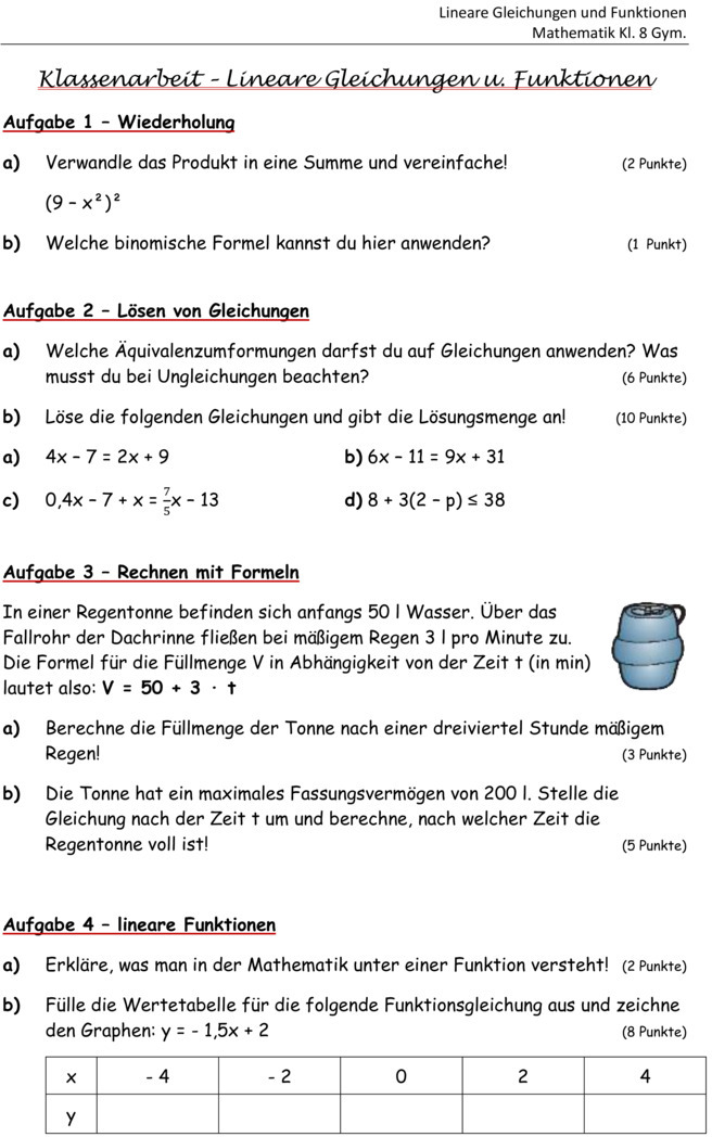 Klassenarbeit Zu Terme Und Gleichungen 8 Klasse 
