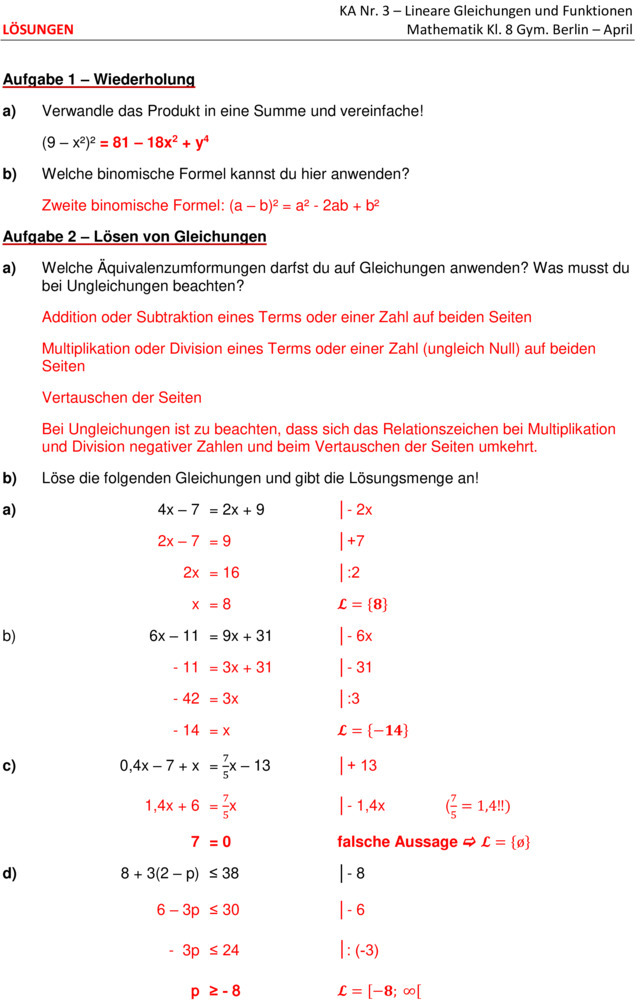 Klassenarbeit Zu Terme Und Gleichungen 8 Klasse 