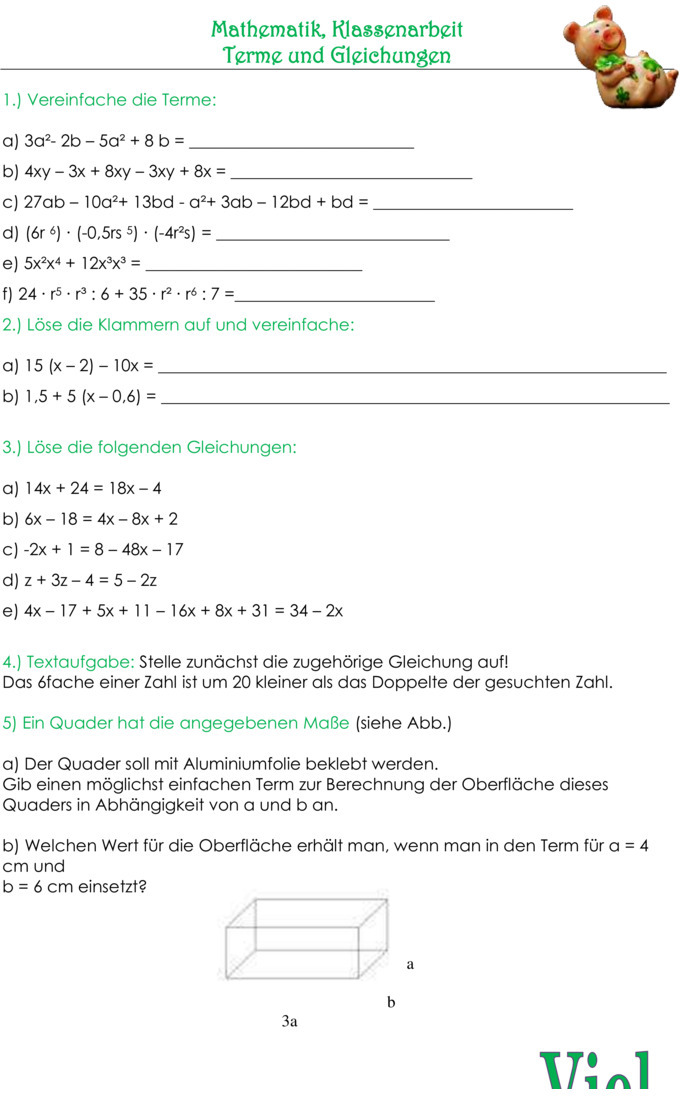 Klassenarbeit zu Terme und Gleichungen [8. Klasse]