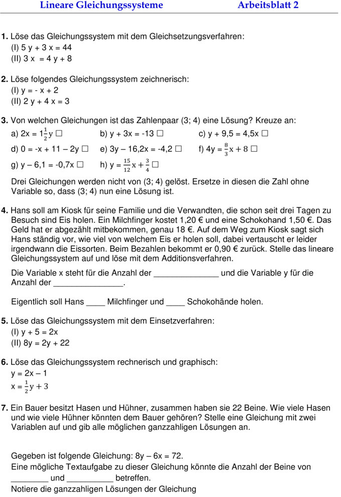 Lineare Gleichungssysteme Grafisch Lösen Aufgaben Pdf Übungsblatt zu Linare Gleichungssysteme
