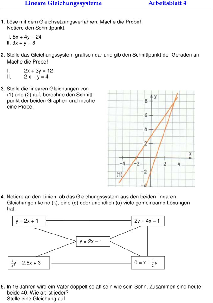 Lineare Gleichungssysteme Aufgaben Klasse 9 Mit Lösungen Übungsblatt zu Linare Gleichungssysteme