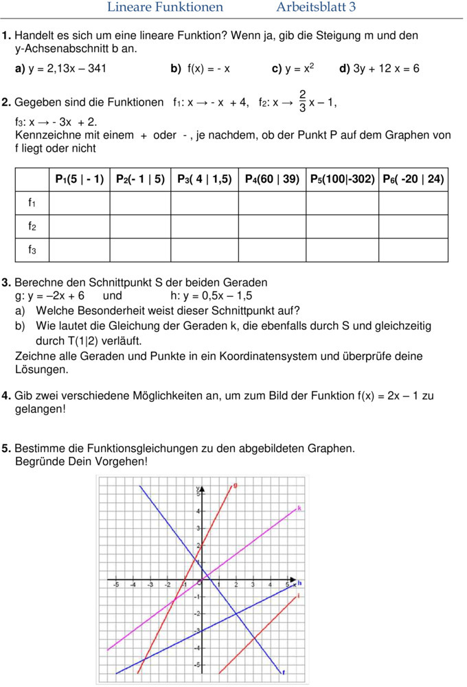 Übungsblatt zu Lineare Funktionen 8. Klasse