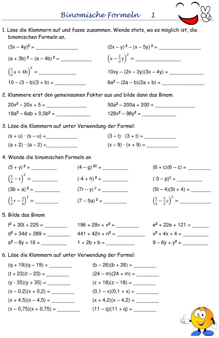 Übungsblatt zu Binomische Formeln