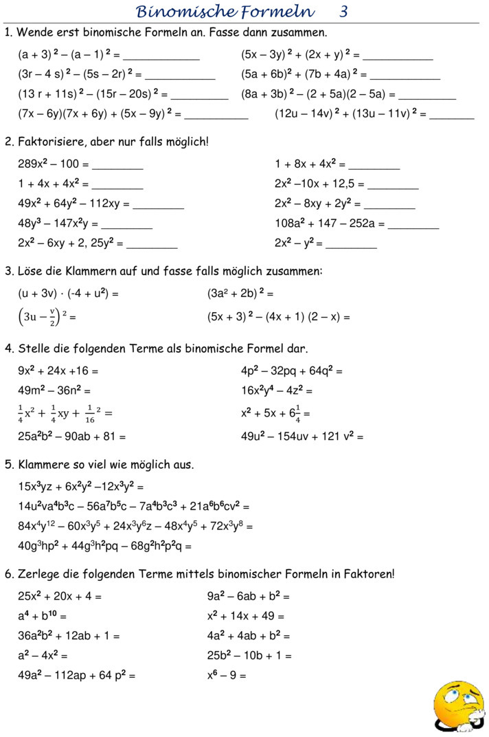übungen Binomische Formeln Mit Lösungen Pdf Übungsblatt zu Binomische Formeln