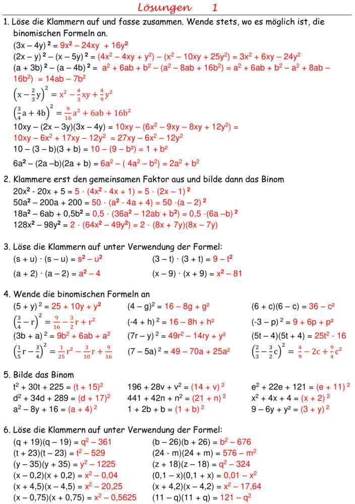 übungen Binomische Formeln Mit Lösungen Pdf