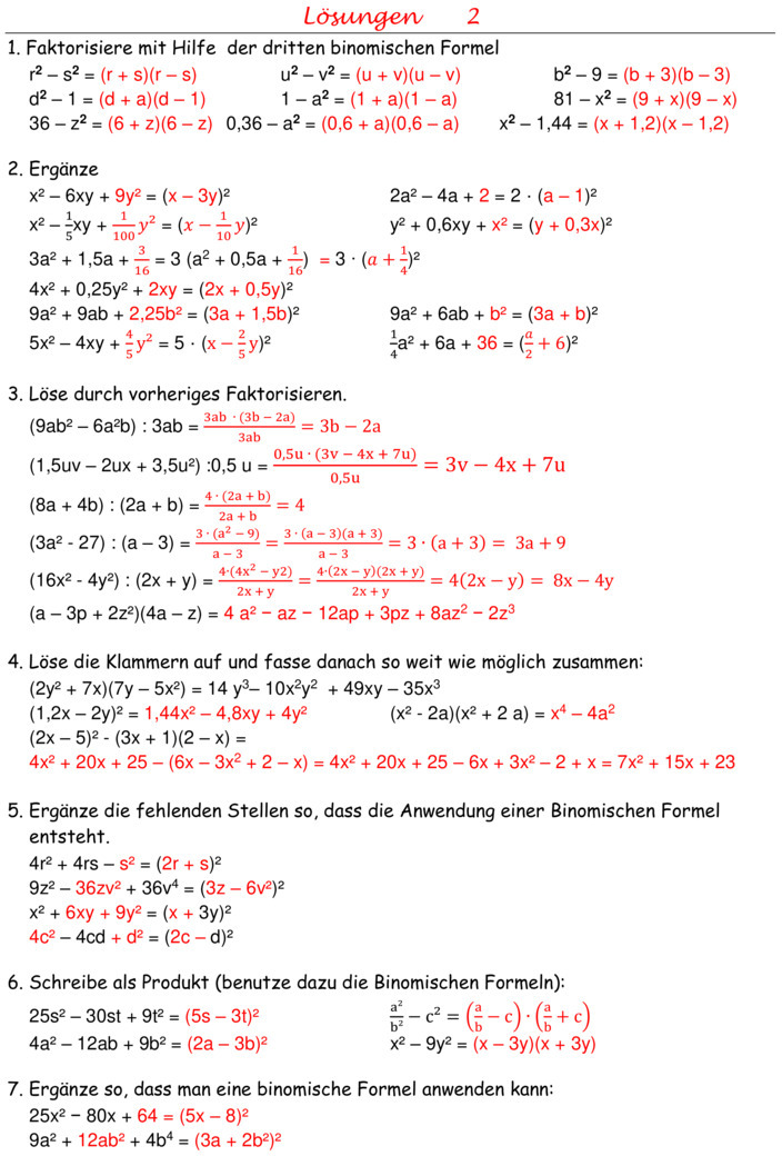 übungen Binomische Formeln Mit Lösungen Pdf Klasse 8 Übungsblatt zu Binomische Formeln
