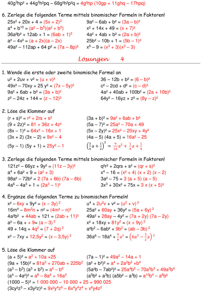 übungen Binomische Formeln Mit Lösungen Pdf Übungsblatt zu Binomische Formeln