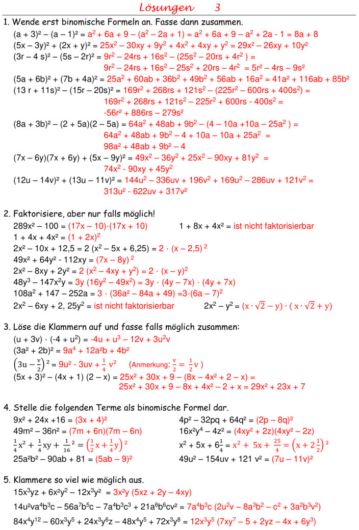 Binomische Formeln übungen Mit Lösung Übungsblatt zu Binomische Formeln