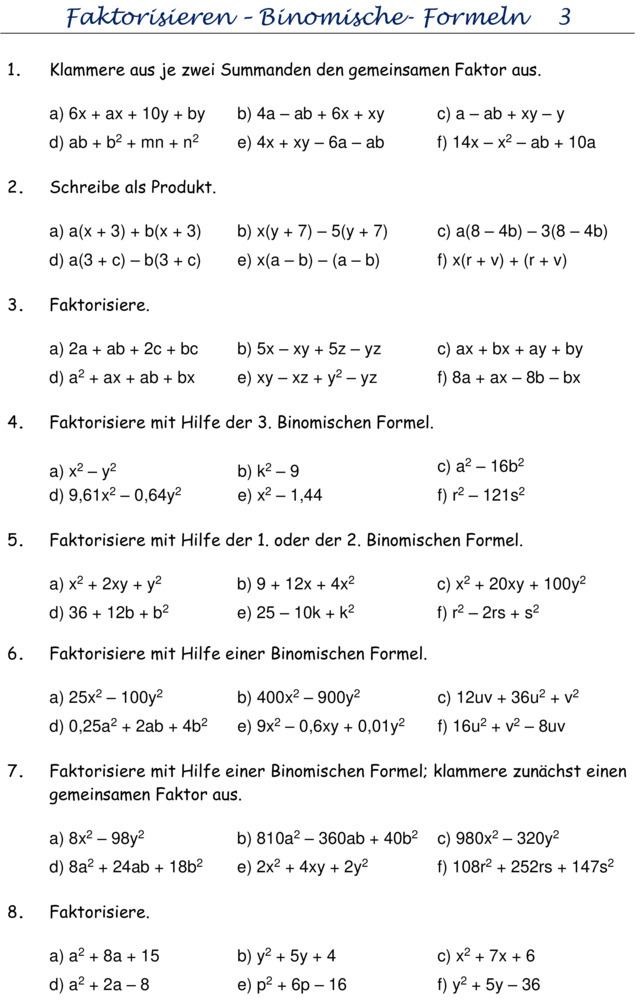 Übungsblatt zu Binomische Formeln