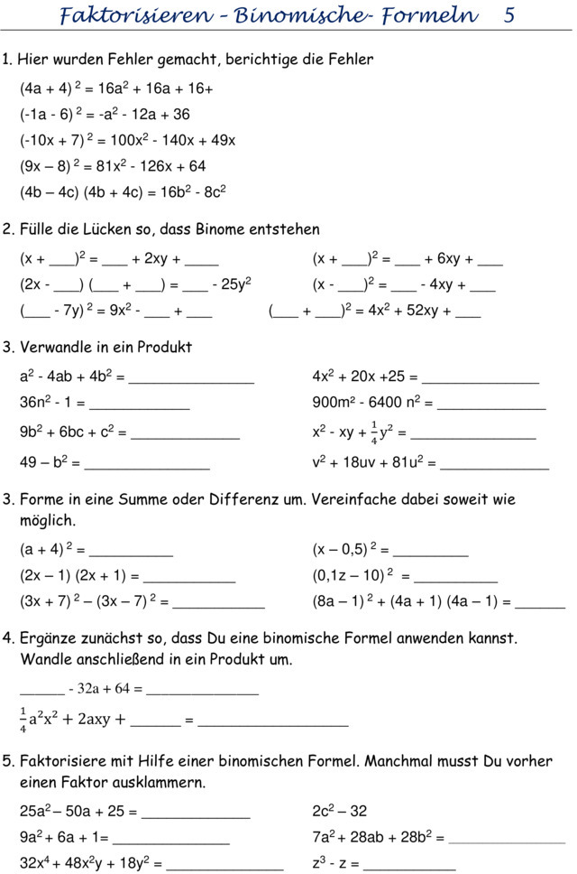 übungen Binomische Formeln Mit Lösungen Pdf Übungsblatt zu Binomische Formeln