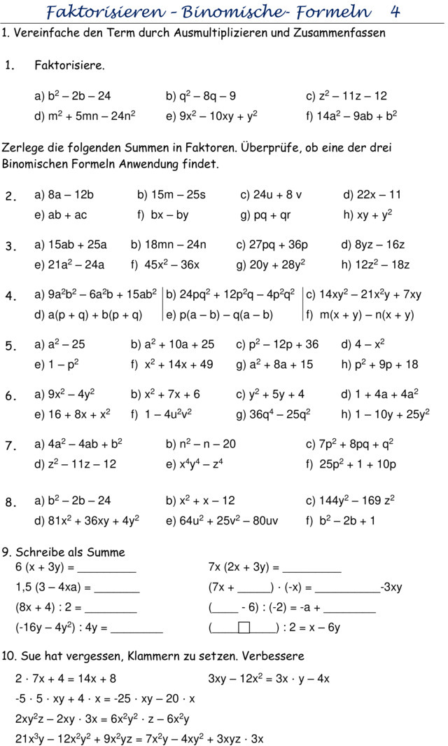 übungen Binomische Formeln Mit Lösungen Pdf Übungsblatt zu Binomische Formeln