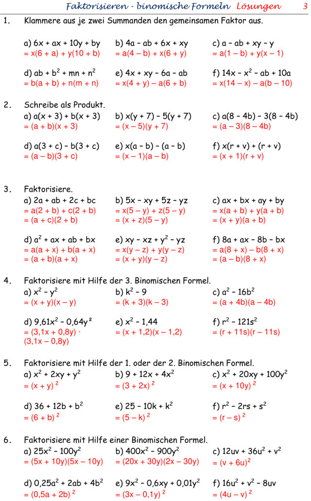übungen Binomische Formeln Mit Lösungen Pdf Übungsblatt zu Binomische Formeln