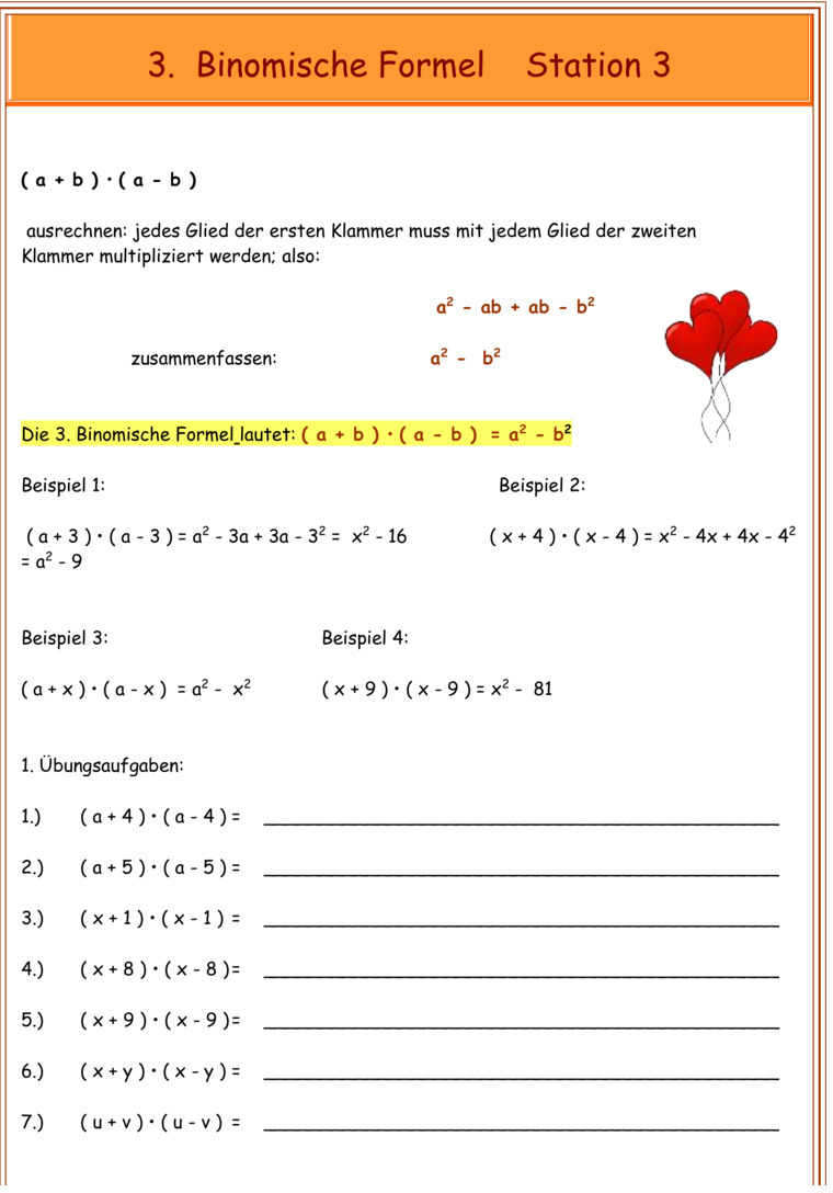 Übungsblatt zu Binomische Formeln