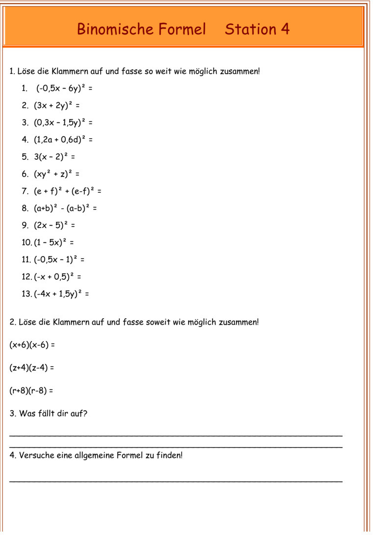 übungen Zu Binomischen Formeln Mit Lösungen Übungsblatt zu Binomische Formeln