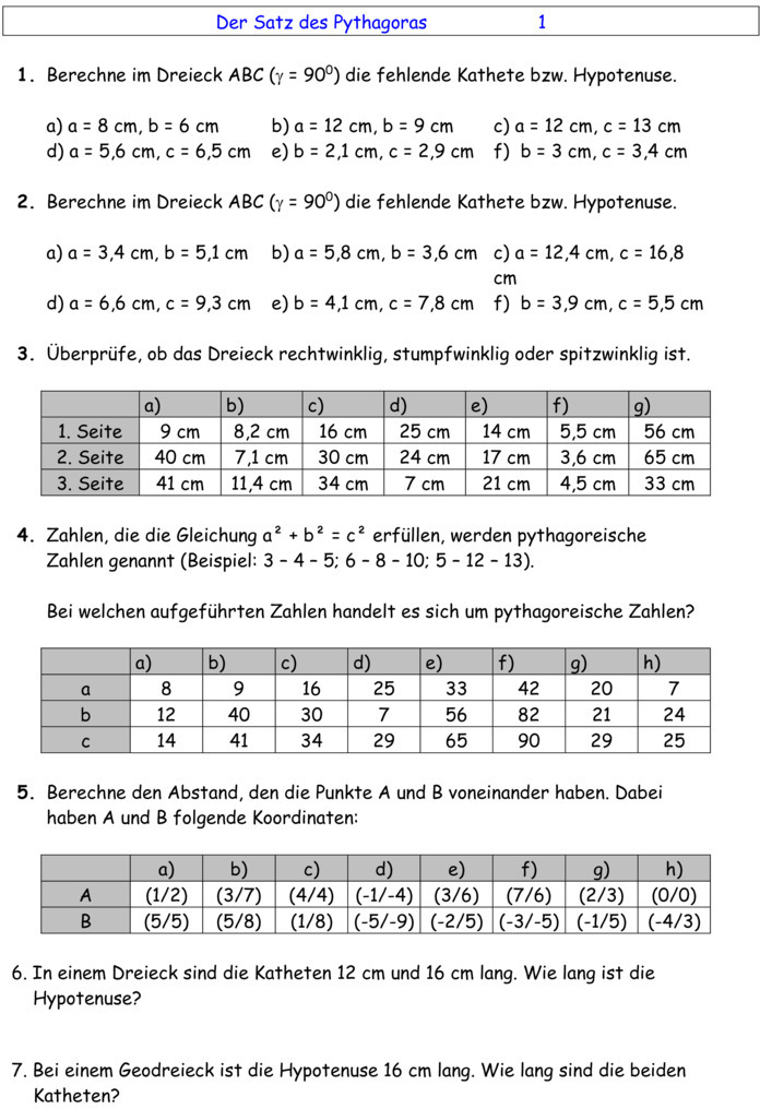 Klassenarbeiten Satz Des Pythagoras Übungsblatt zu Satz des Pythagoras