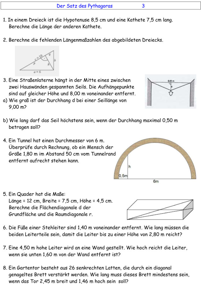 Satz Des Pythagoras Klassenarbeit Übungsblatt zu Satz des Pythagoras