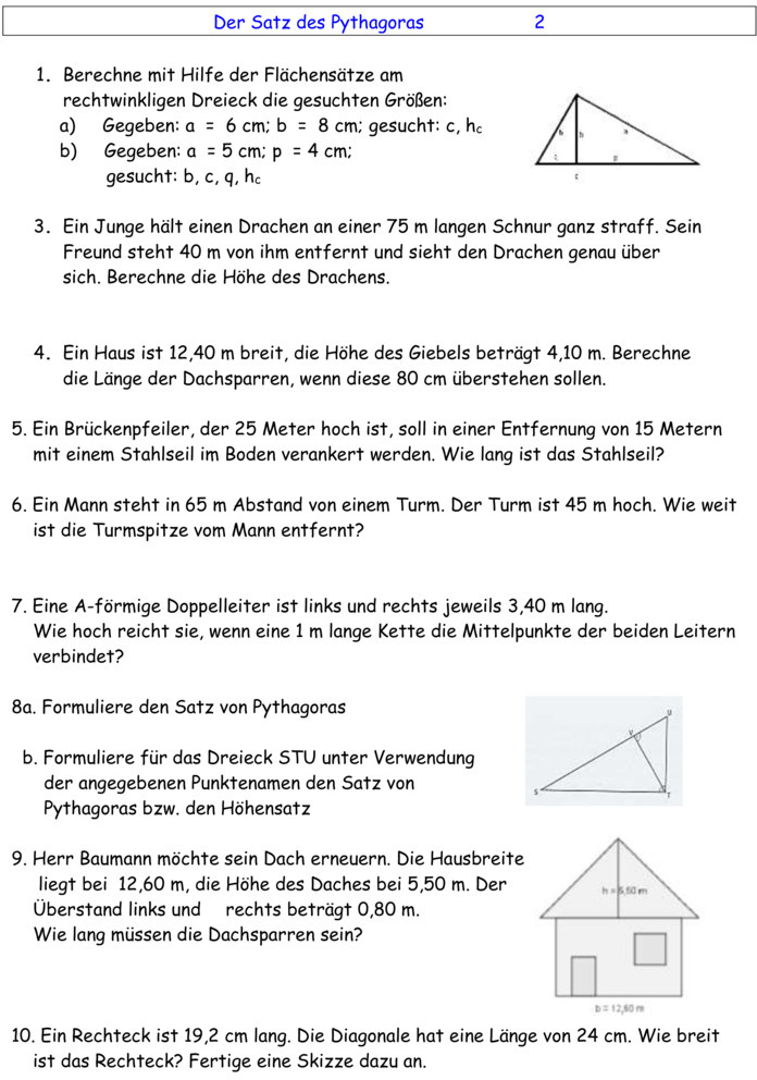 Klassenarbeit Satz Des Pythagoras Übungsblatt zu Satz des Pythagoras