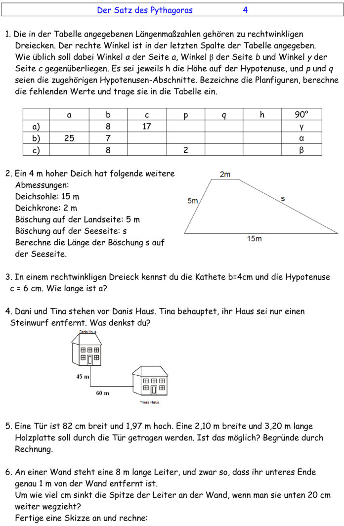 Satz Des Pythagoras Klassenarbeit Übungsblatt zu Satz des Pythagoras