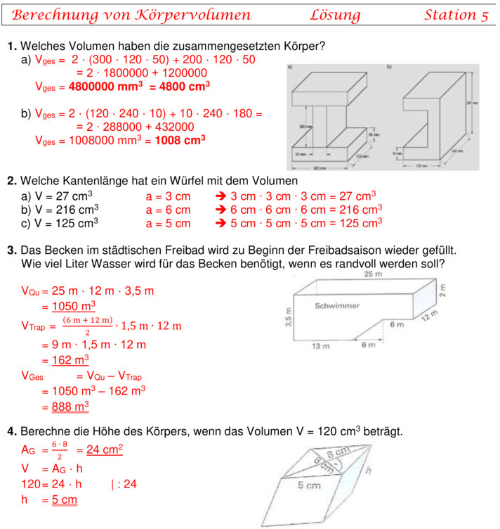 Übungsblatt zu Flächen und Volumen [8. Klasse]