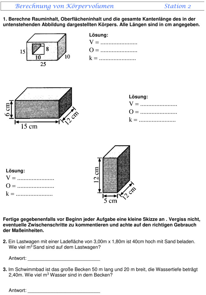 Übungsblatt zu Flächen und Volumen [8. Klasse]