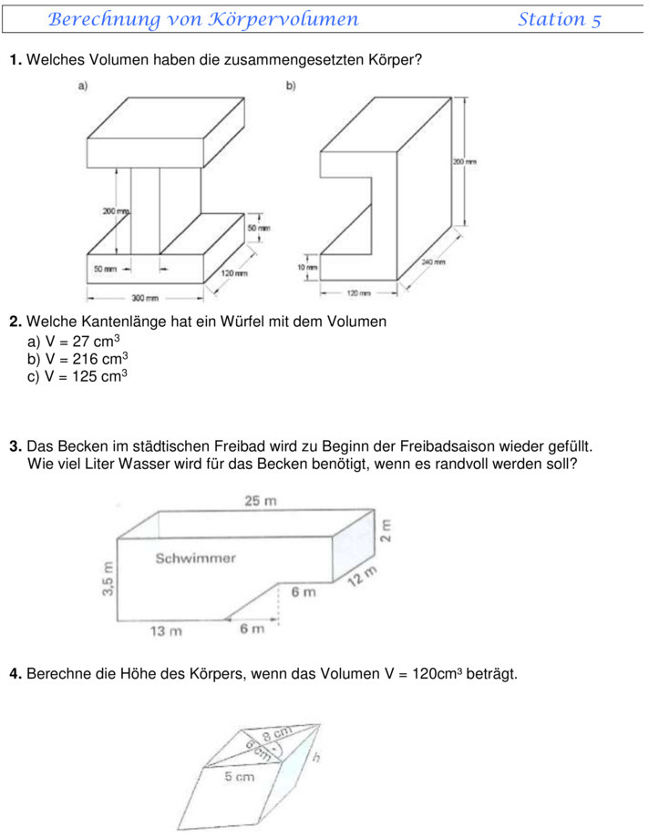 Übungsblatt zu Flächen und Volumen [8. Klasse]
