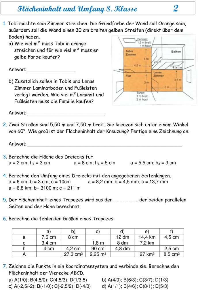 Übungsblatt zu Flächen und Volumen [8. Klasse]