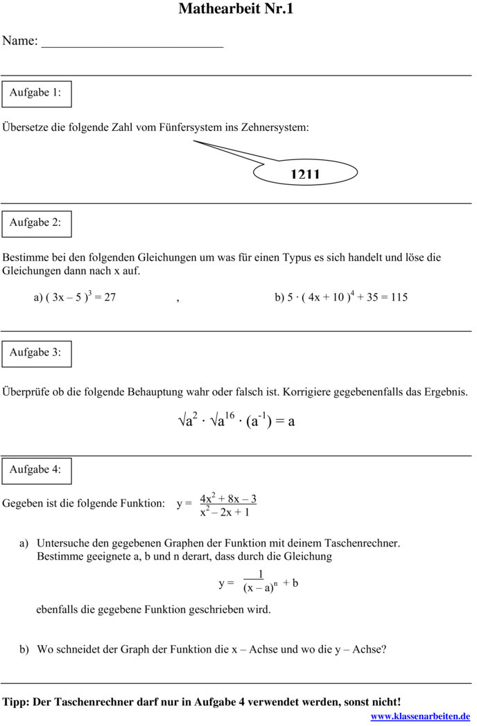 Potenzen Und Wurzeln übungen Pdf Klassenarbeit zu Potenzen und Wurzeln [10. Klasse]