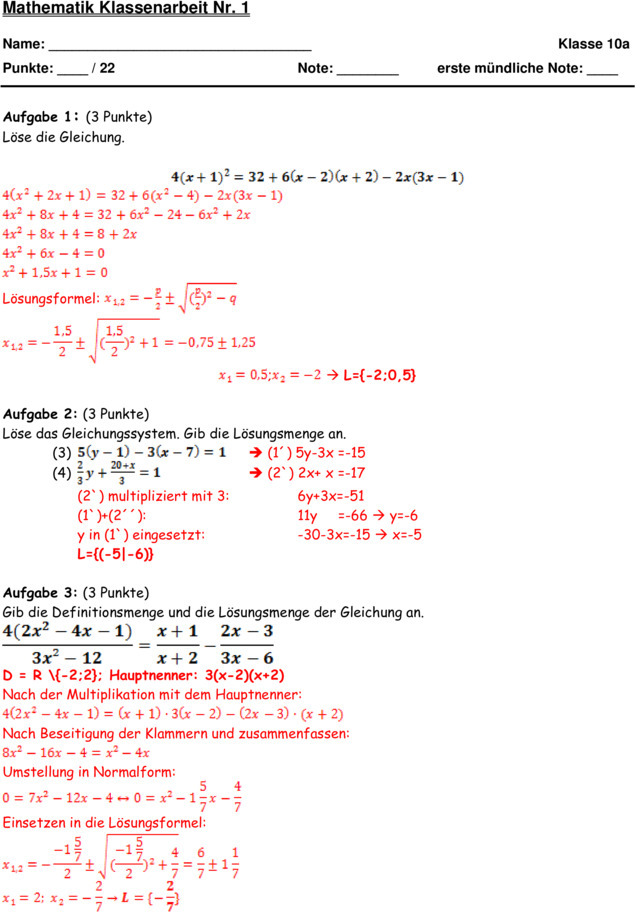 Klassenarbeit zu Quadratische Gleichungen [10. Klasse]