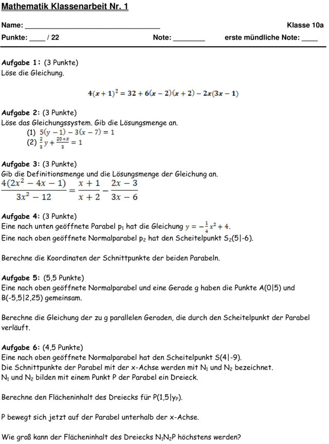 Mathe 10 Klasse Gymnasium Aufgaben Mit Lösungen Pdf Klassenarbeit zu Quadratische Gleichungen [10. Klasse]