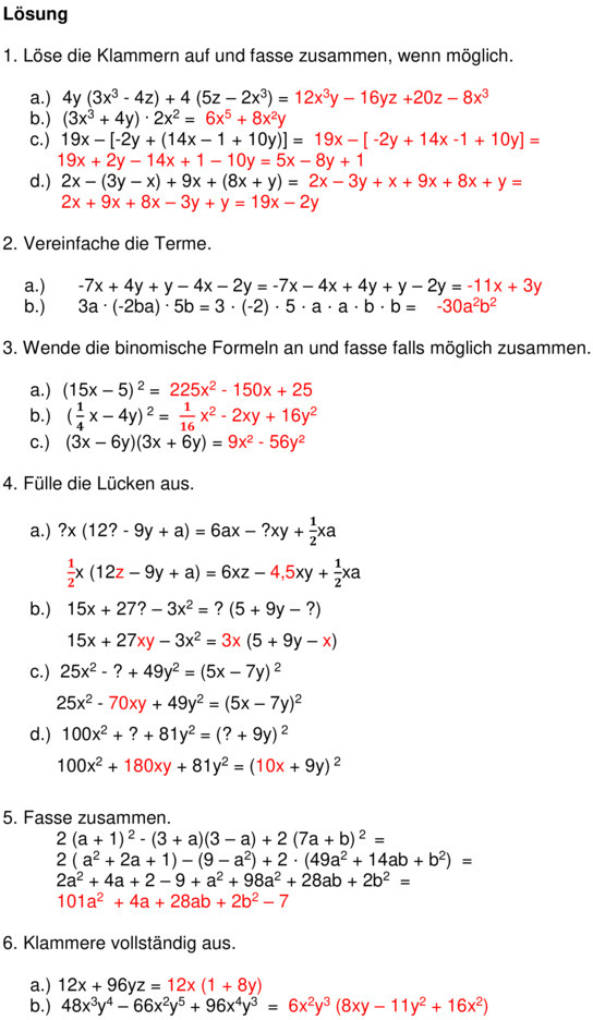 Klassenarbeit zu Terme und Gleichungen [8. Klasse]